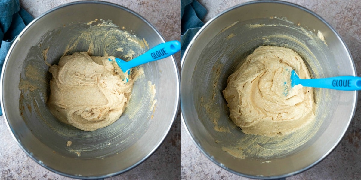 Creamed butter and sugar in a silver mixing bowl.