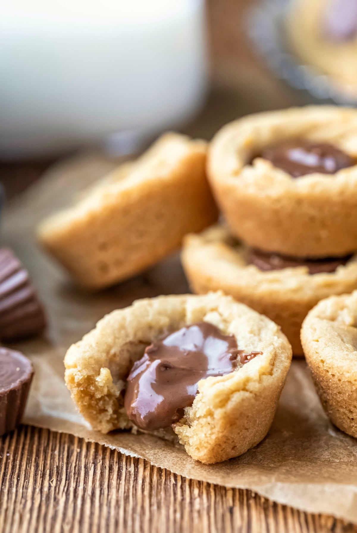 Peanut butter cup cookie with a bite missing