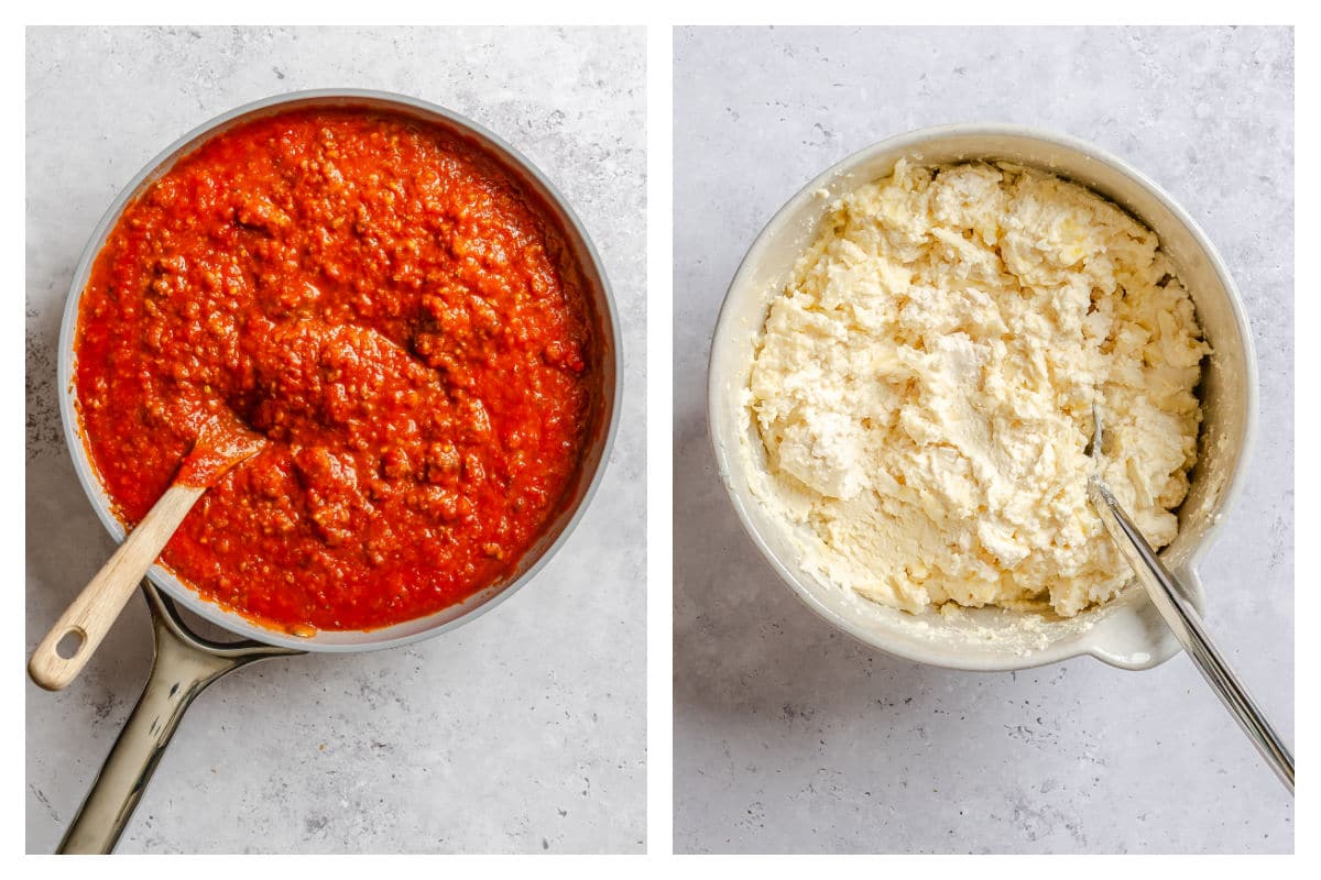 Tomatoes stirred into ground beef mixture next to ricotta mixture in a bowl. 