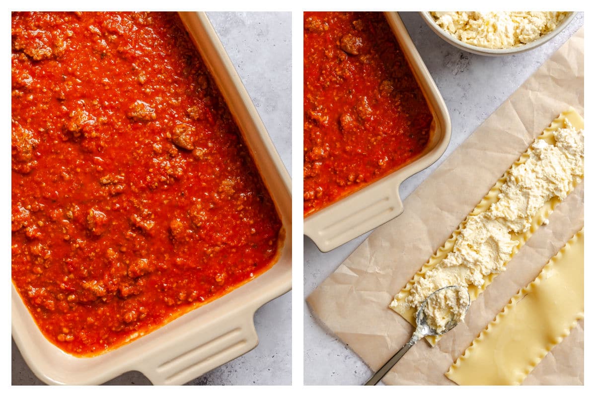 Sauce in a pan next to ricotta mixture on a noodle. 