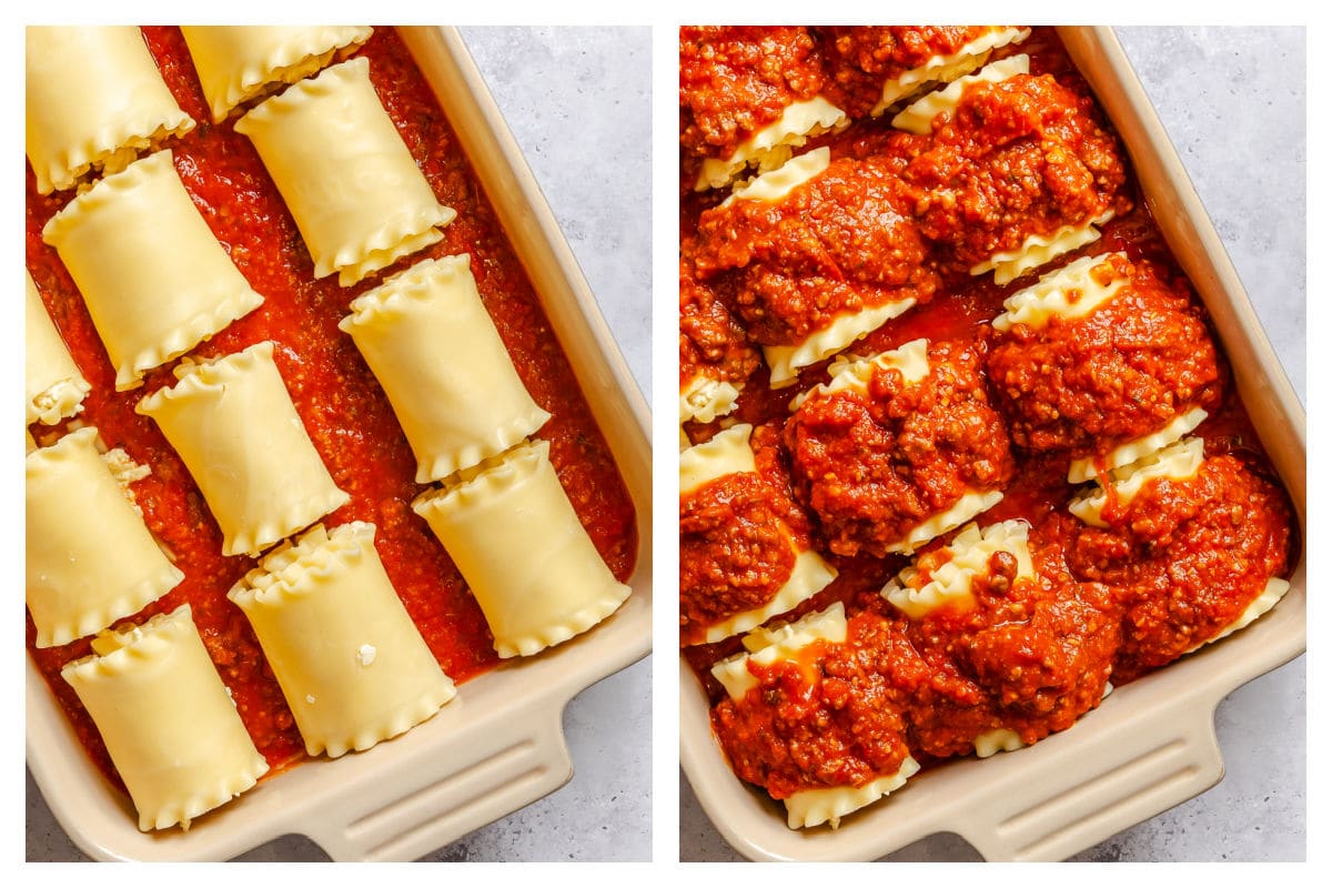 Rolled up lasagna noodles in a pan next to sauce over the noodles. 