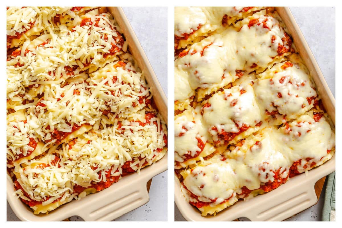 Shredded mozzarella over the lasagna noodles next to baked lasagna rolls in a pan.