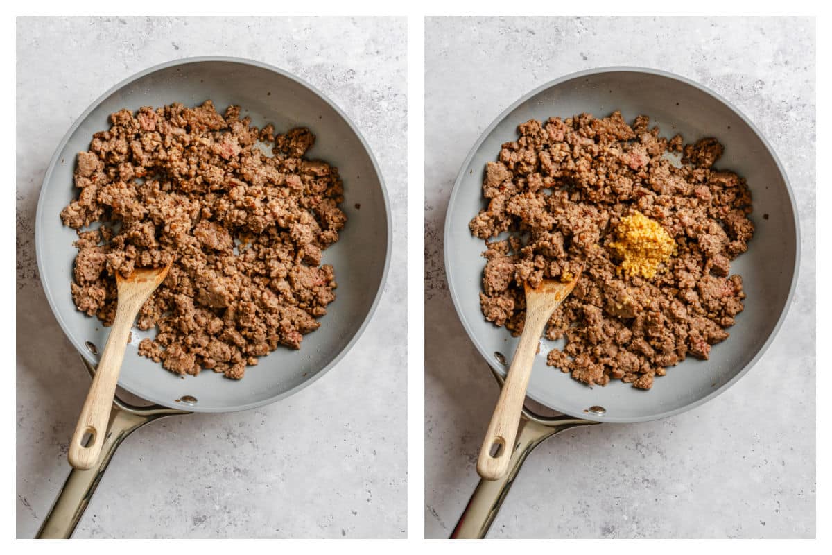 Browned ground beef and seasonings in a skillet. 