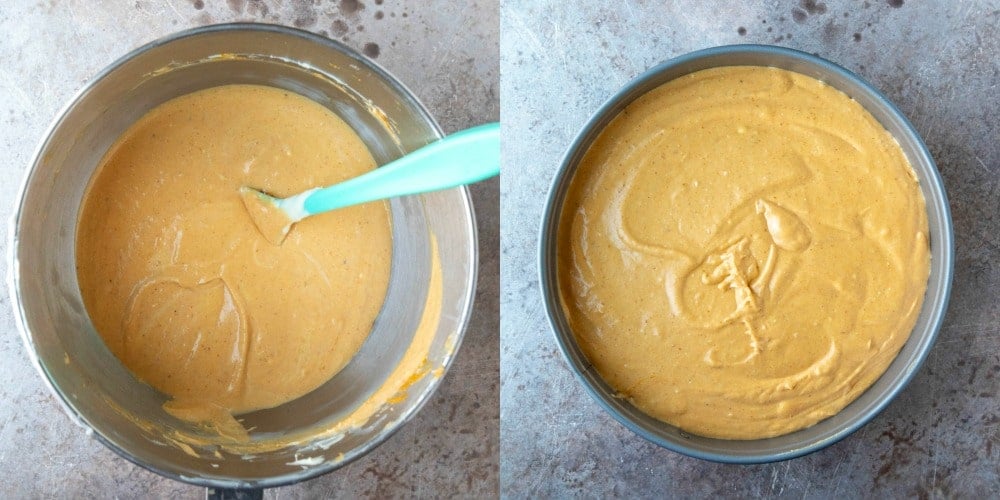 pumpkin cheesecake filling in a springform pan.