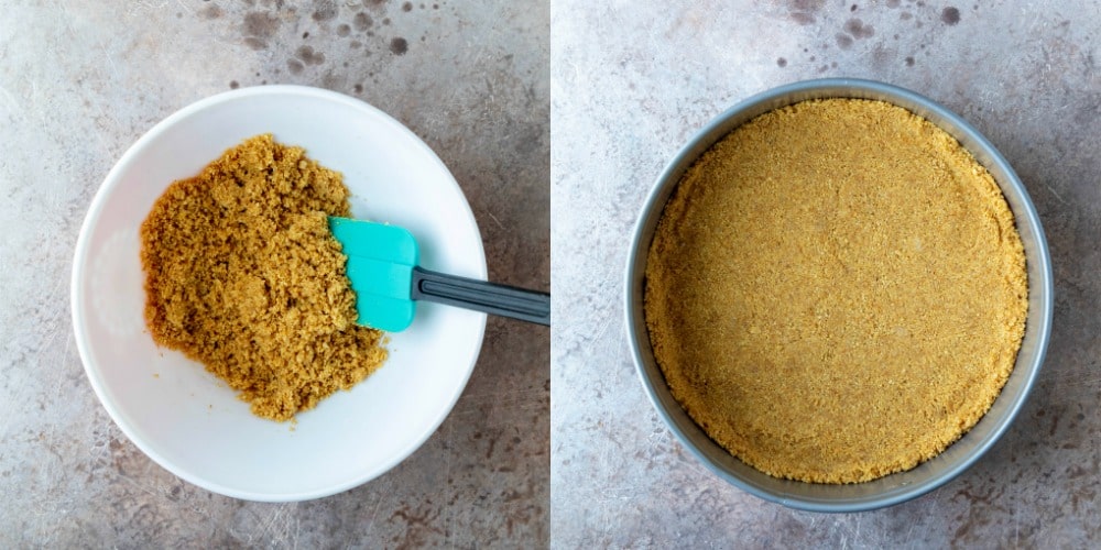 Graham cracker crumbs in a springform pan.