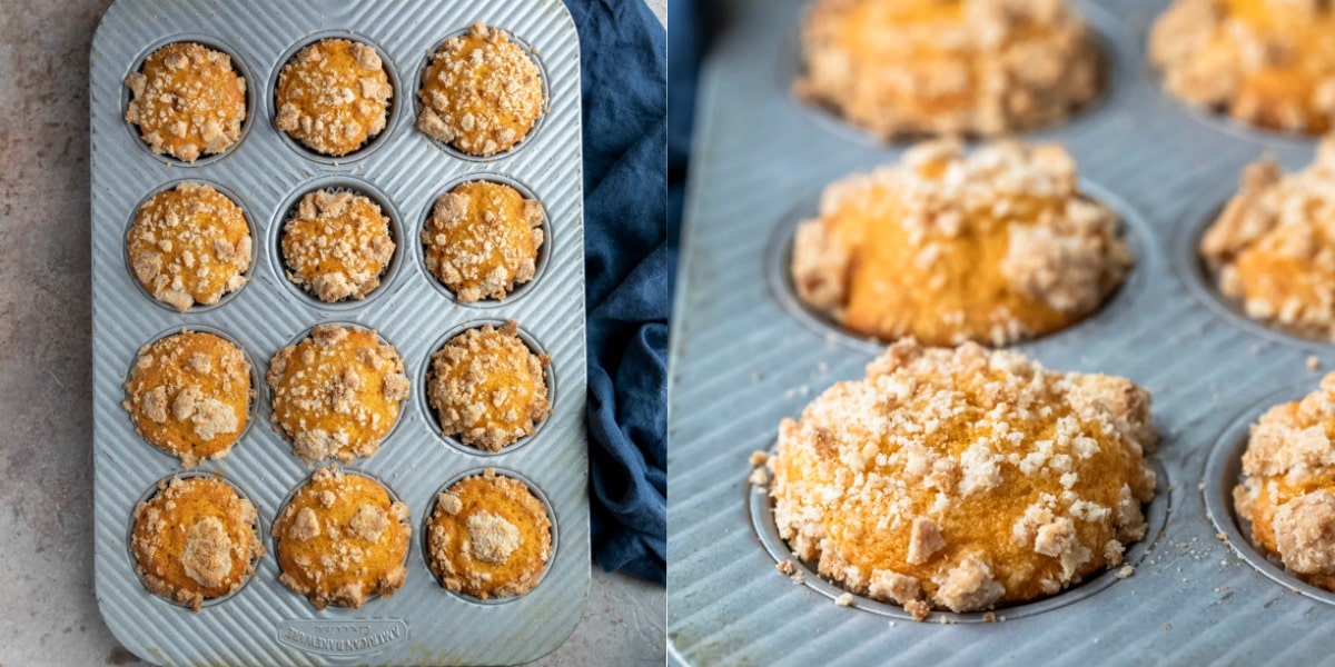 Baked pumpkin streusel muffins in a silver muffin tin.