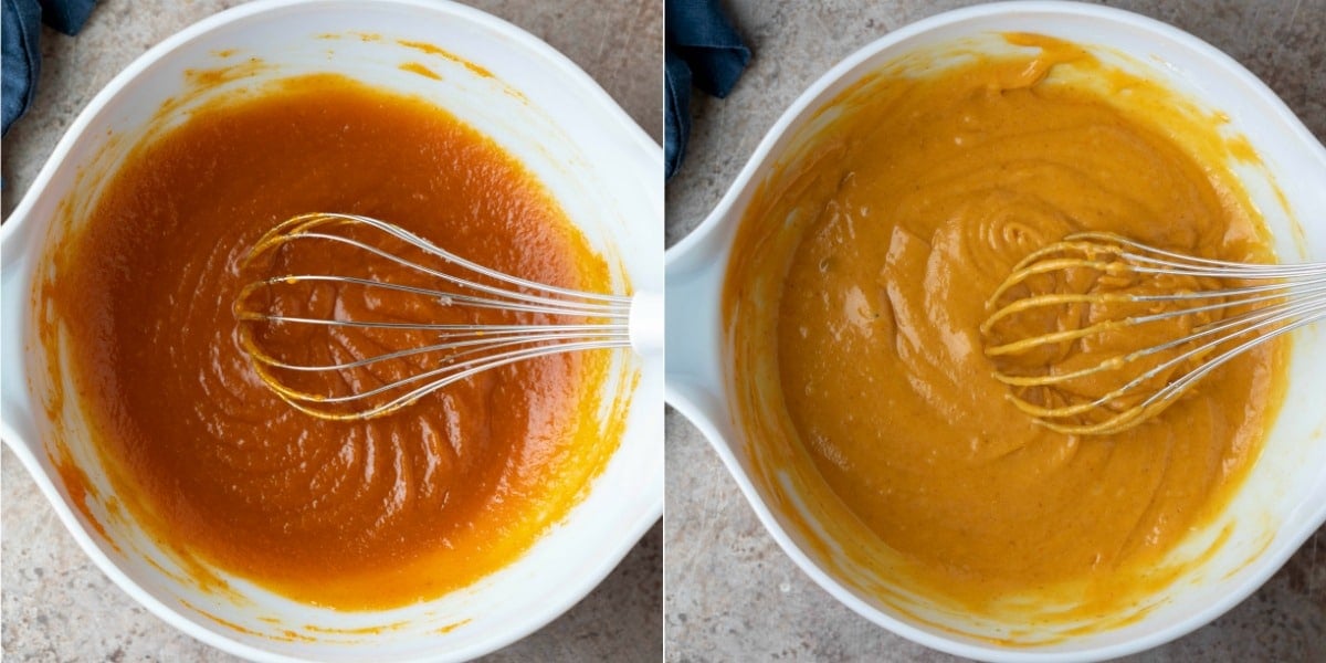 Pumpkin muffin batter in a white mixing bowl