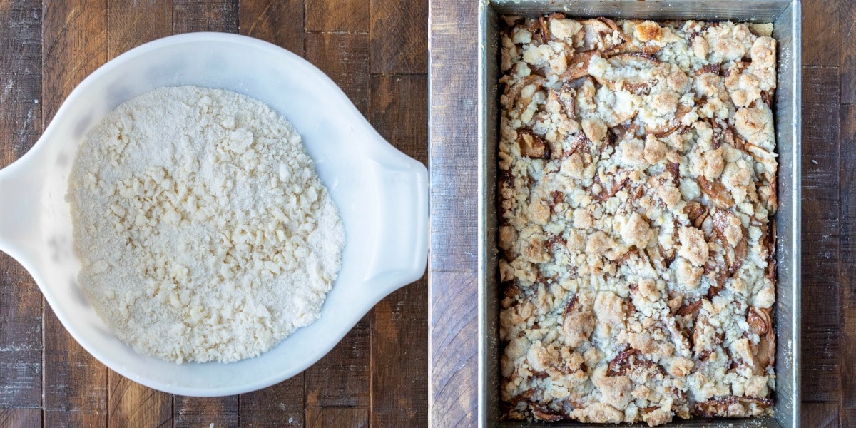 baked apple crumb bars in a baking pan