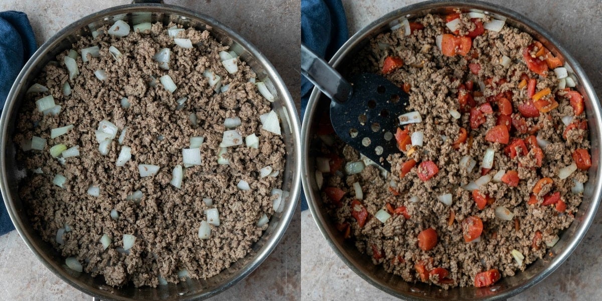 Browned ground beef with onion in a silver skillet