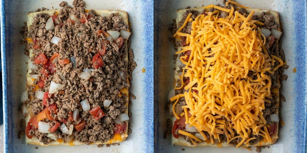 Ground beef mixture and cheese on dinner rolls