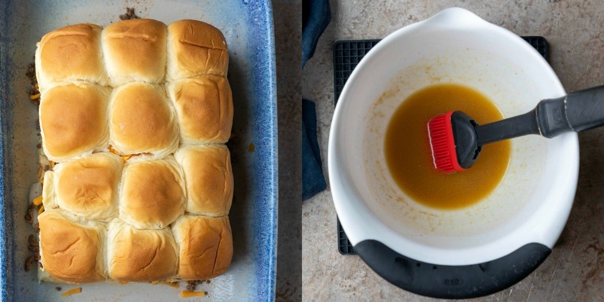 Cheeseburger slider glaze in a white mixing bowl