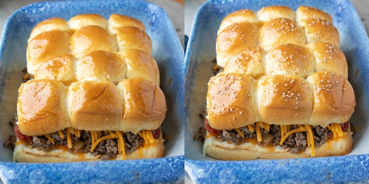 Unbaked cheeseburger sliders in a blue baking dish