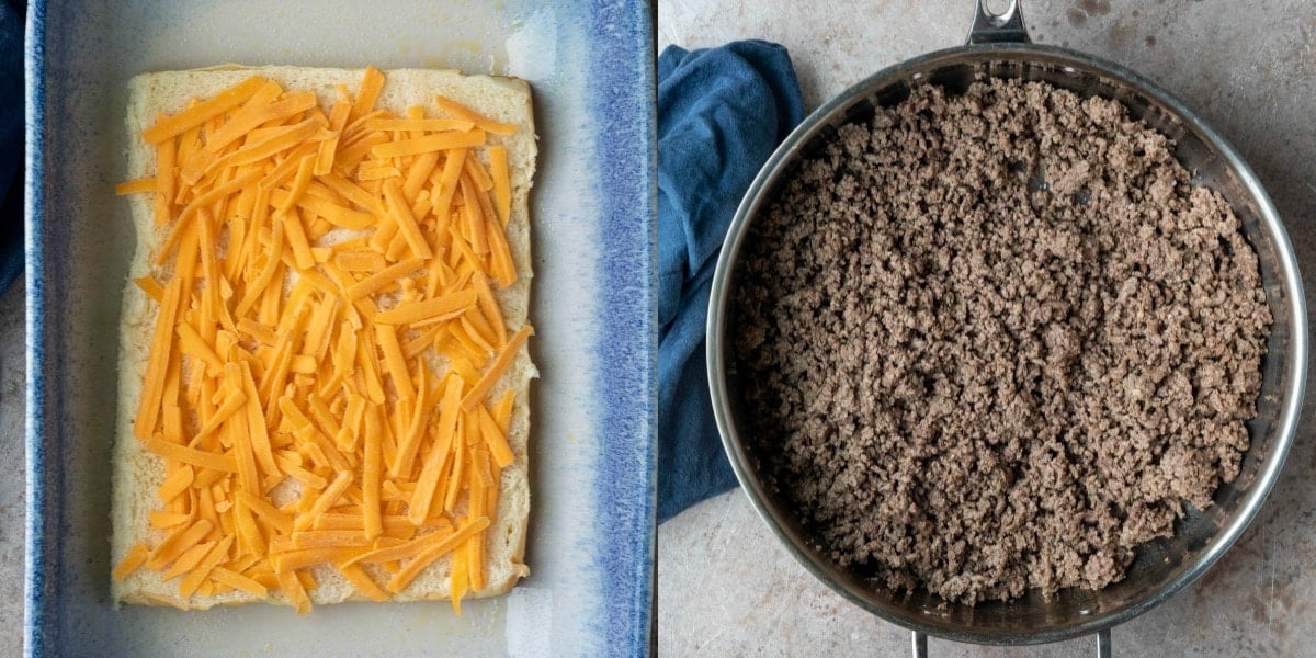 silver skillet with browned ground beef