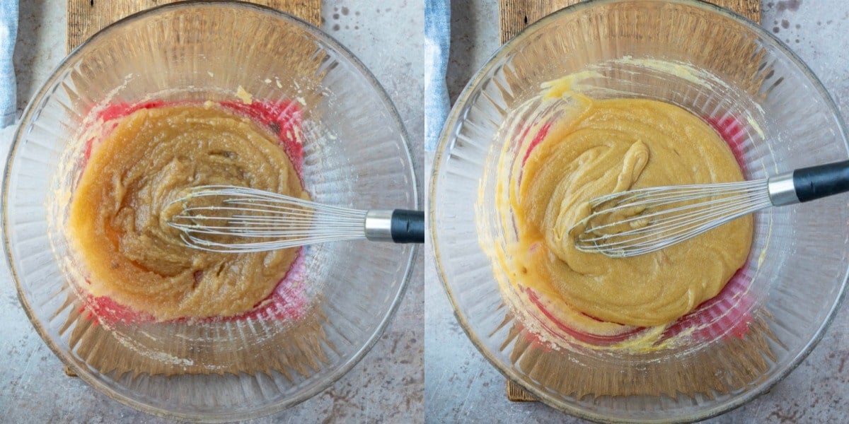 Mixed butter and sugars in a glass mixing bowl