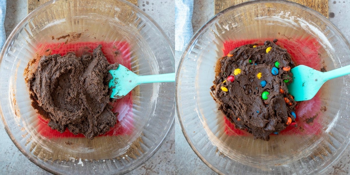 Chocolate cookie dough in a glass mixing bowl.