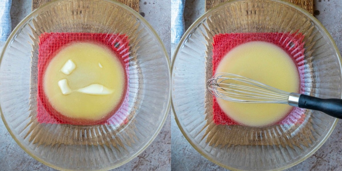 Melted butter in a glass mixing bowl.