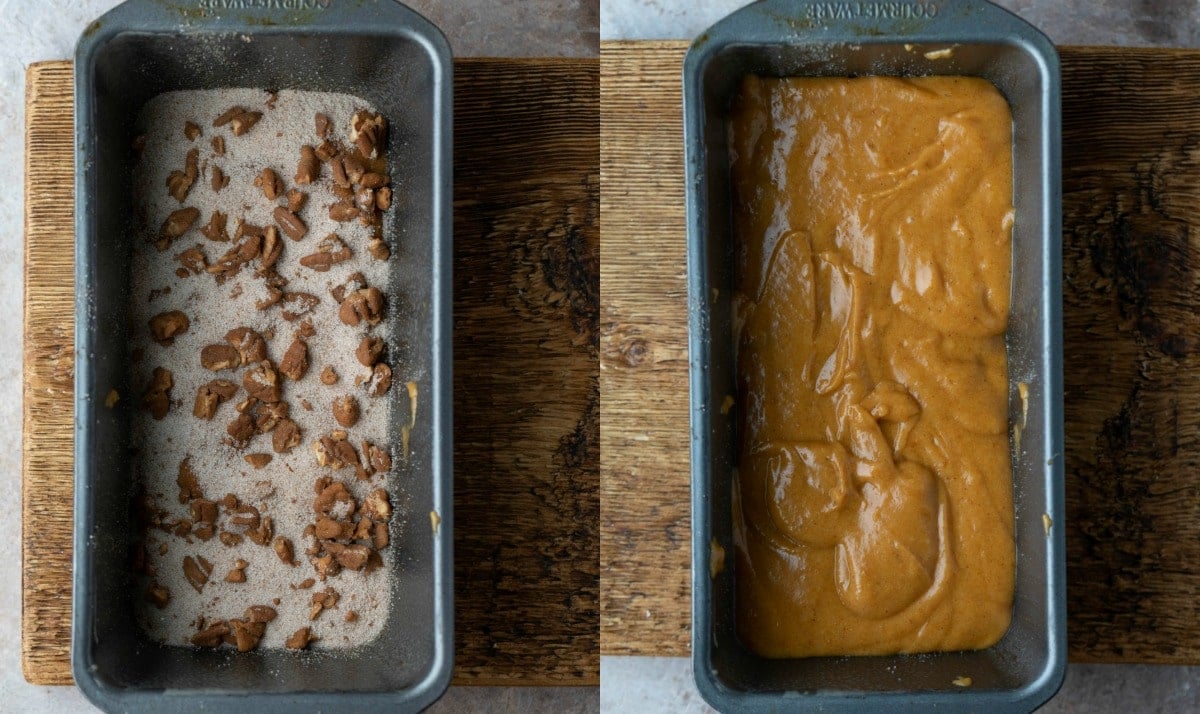 cinnamon sugar and nuts on pumpkin bread batter