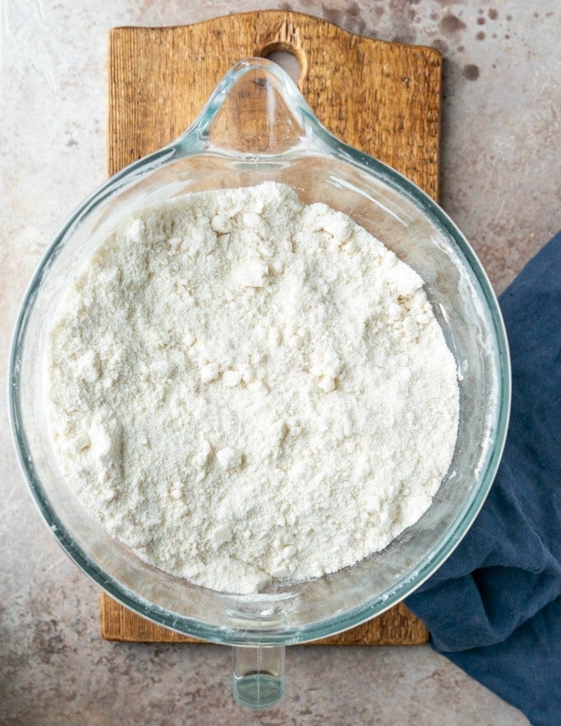 Mixed cake mix in a glass mixing bowl