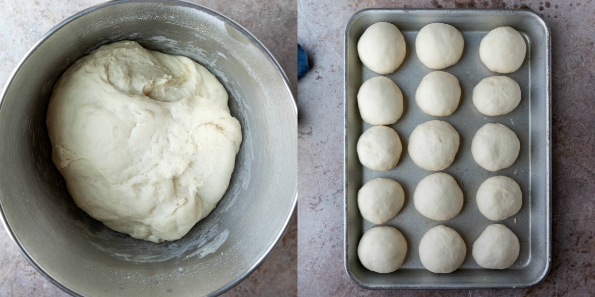 Risen dough in a silver mixing bowl