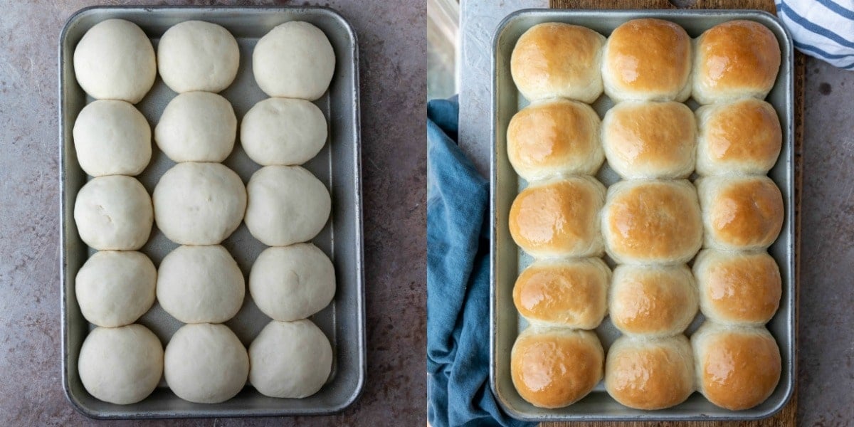 Unbaked and baked rolls in a silver baking tray