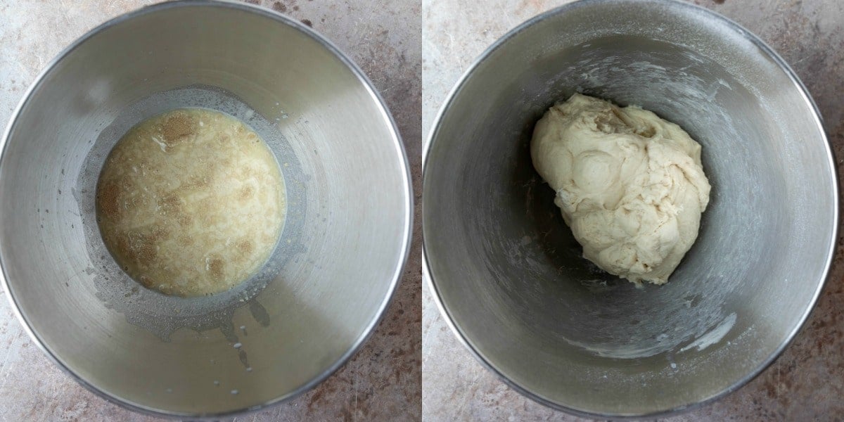 Proofed yeast in a silver mixing bowl