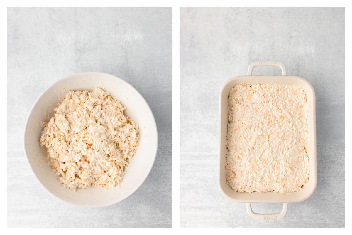 Shredded hash brown potatoes mixed into sauce next to mixture in a baking dish.