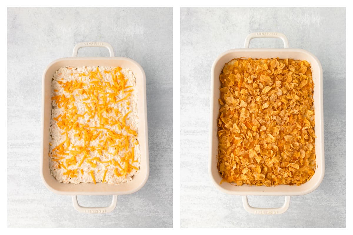 Shredded cheese over potato mixture in pan next to cornflake topping on potatoes.