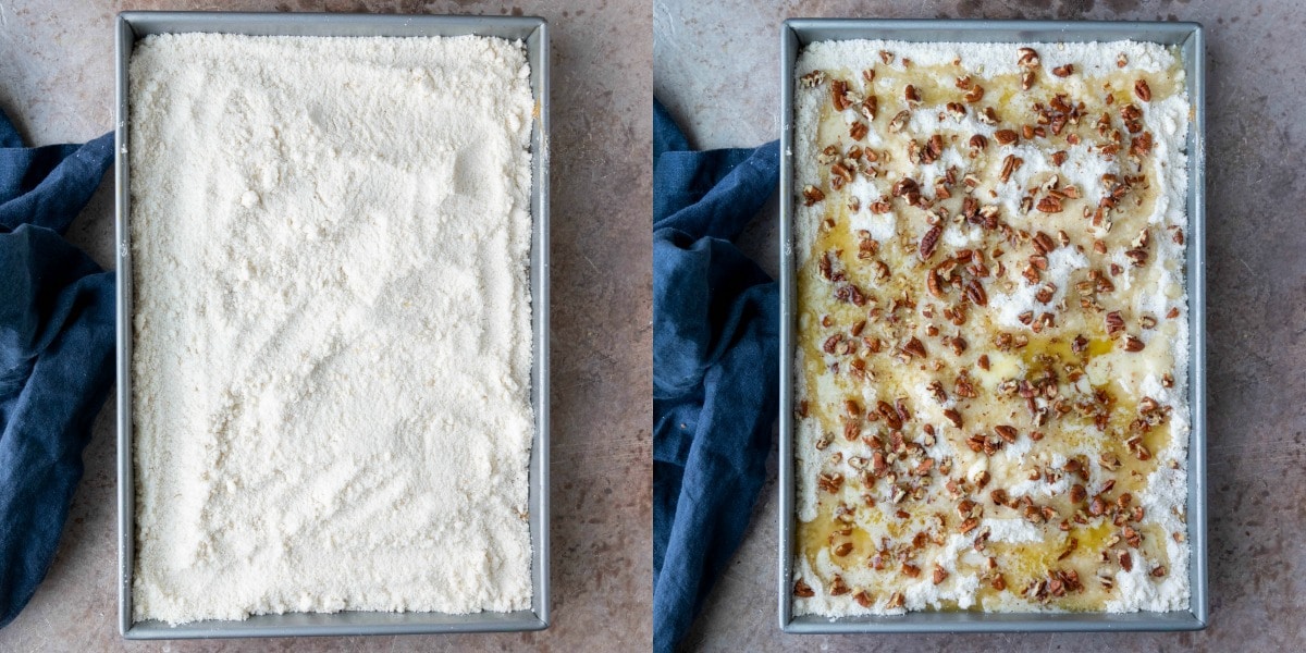 Unbaked pumpkin pie cake in a silver baking pan