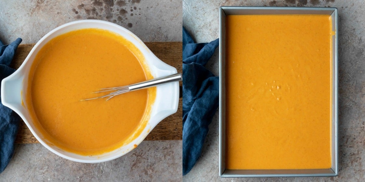 Pumpkin pie cake filling in a white mixing bowl