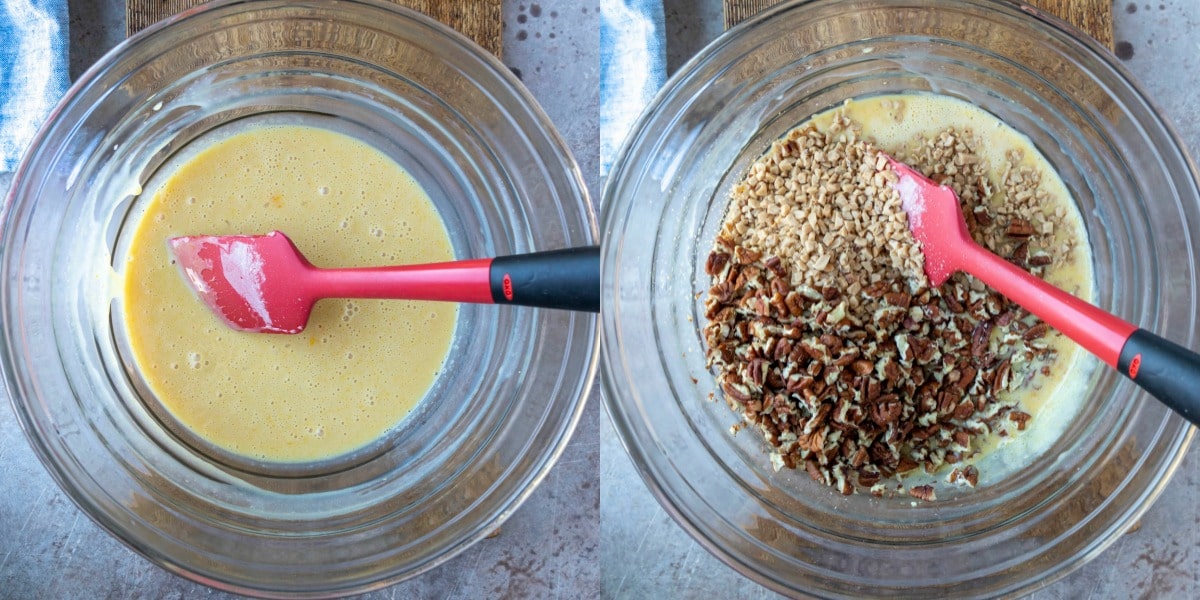 Toffee pecan pie filling in a glass mixing bowl