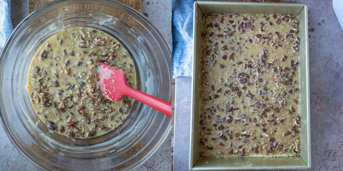 Pecan pie filling in a glass mixing bowl