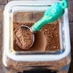 Glass jar with hot chocolate mix in it