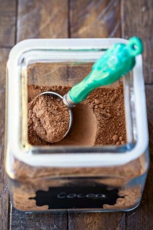 Glass jar with hot chocolate mix in it