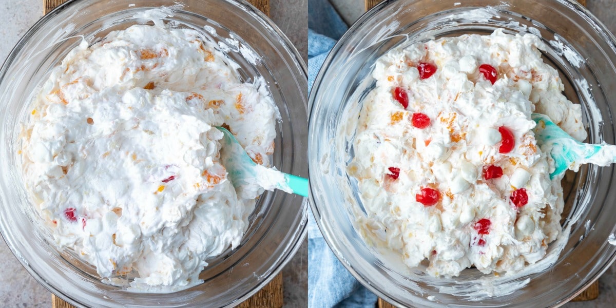 Ambrosia salad in a glass mixing bowl