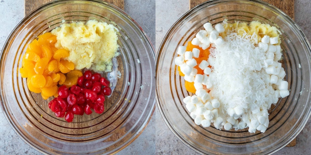 Ambrosia salad ingredients in a glass mixing bowl