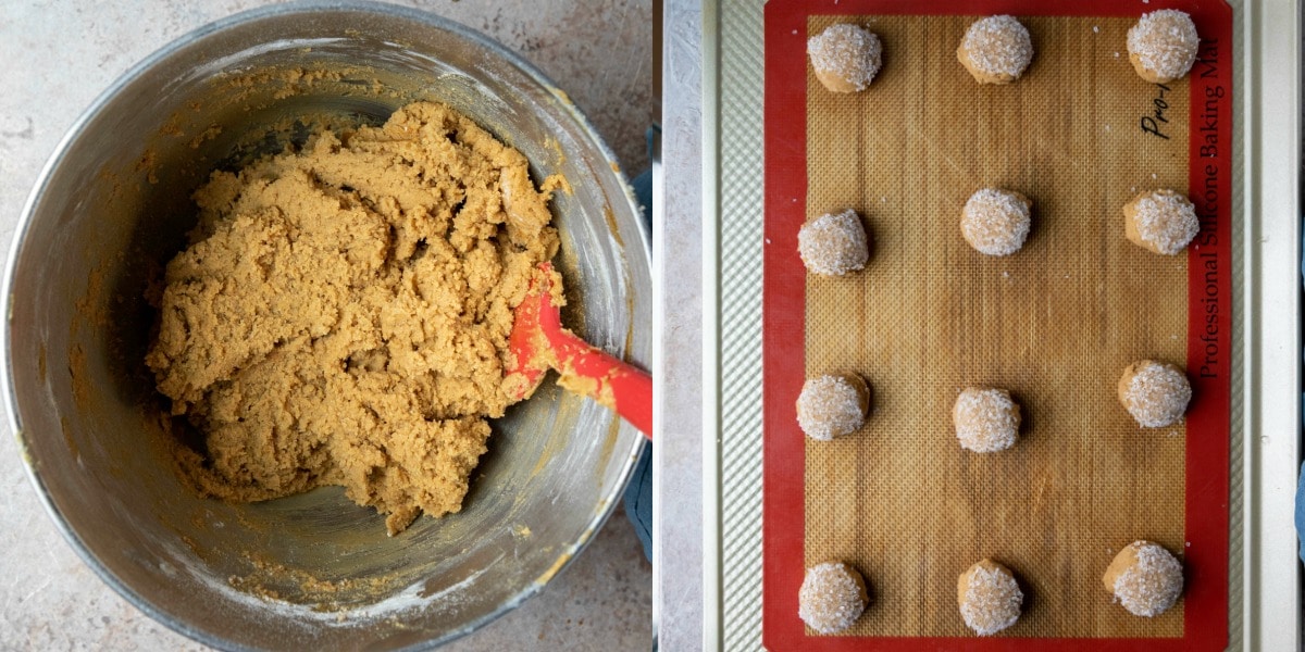 Ginger molasses cookie dough in a silver mixing bowl