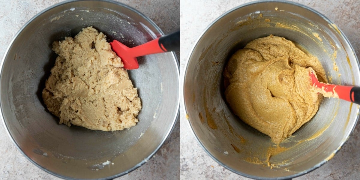 Beaten butter and sugar in a silver mixing bowl