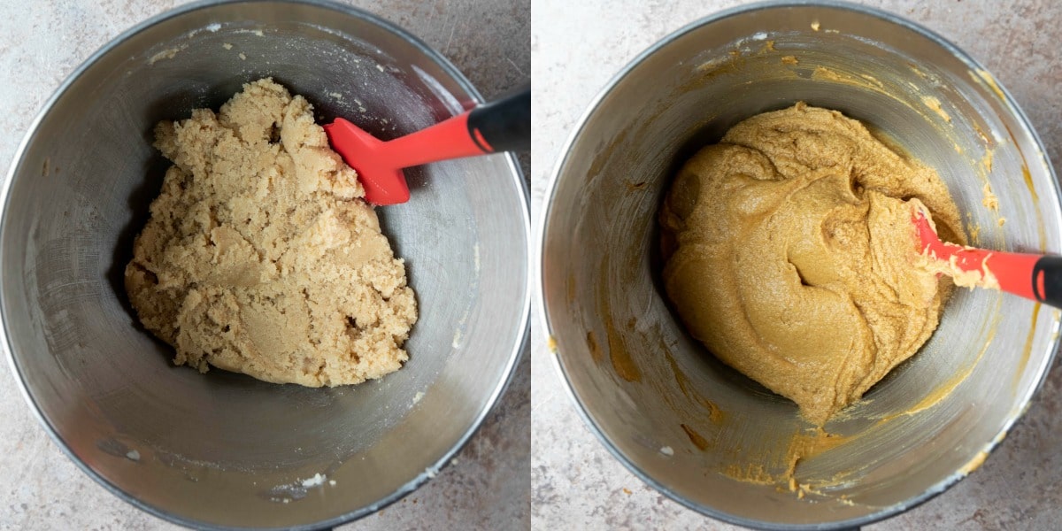 Beaten butter and sugar in a silver mixing bowl