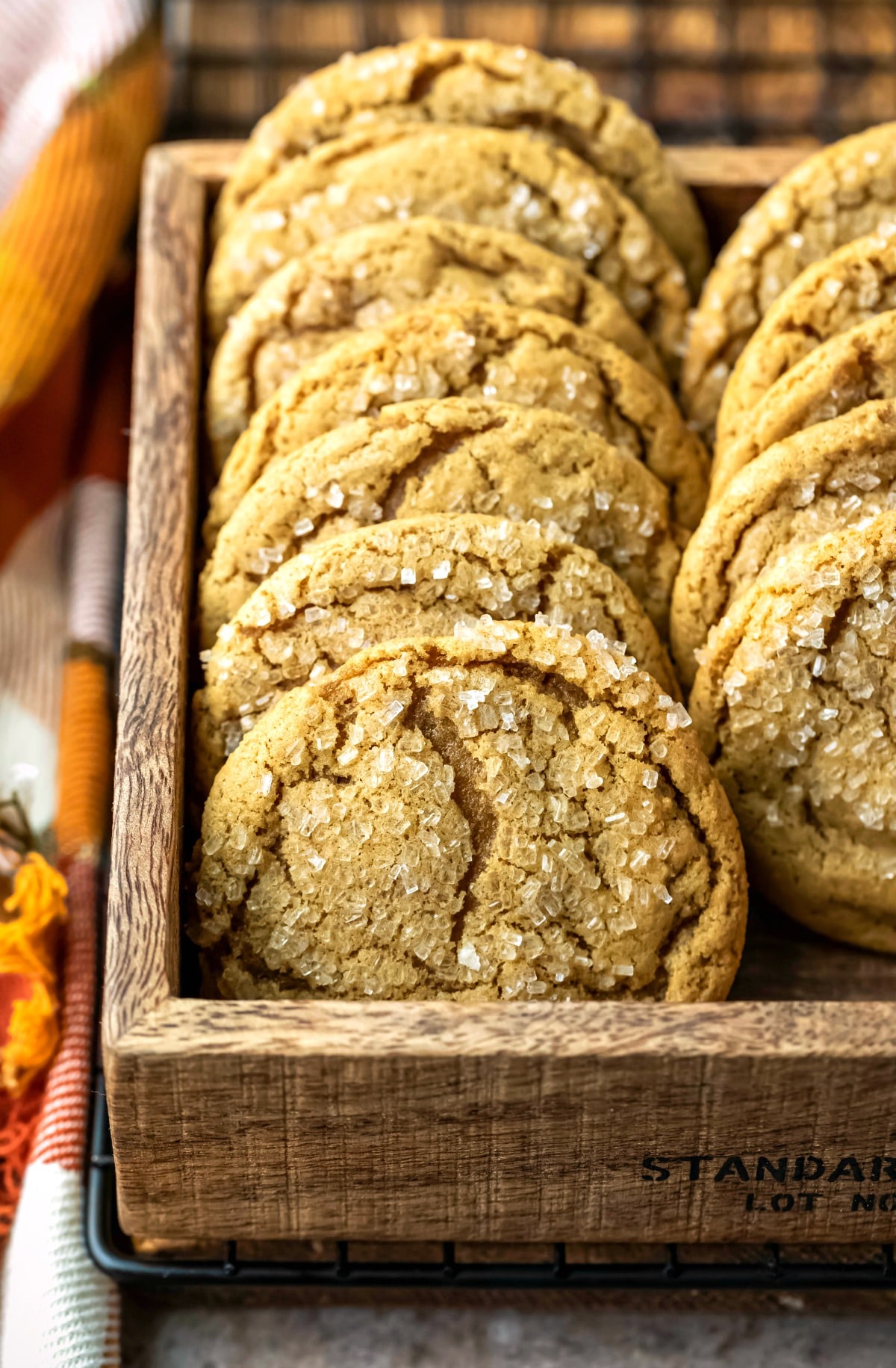 Wooden box filled with chewy ginger molasses cookies