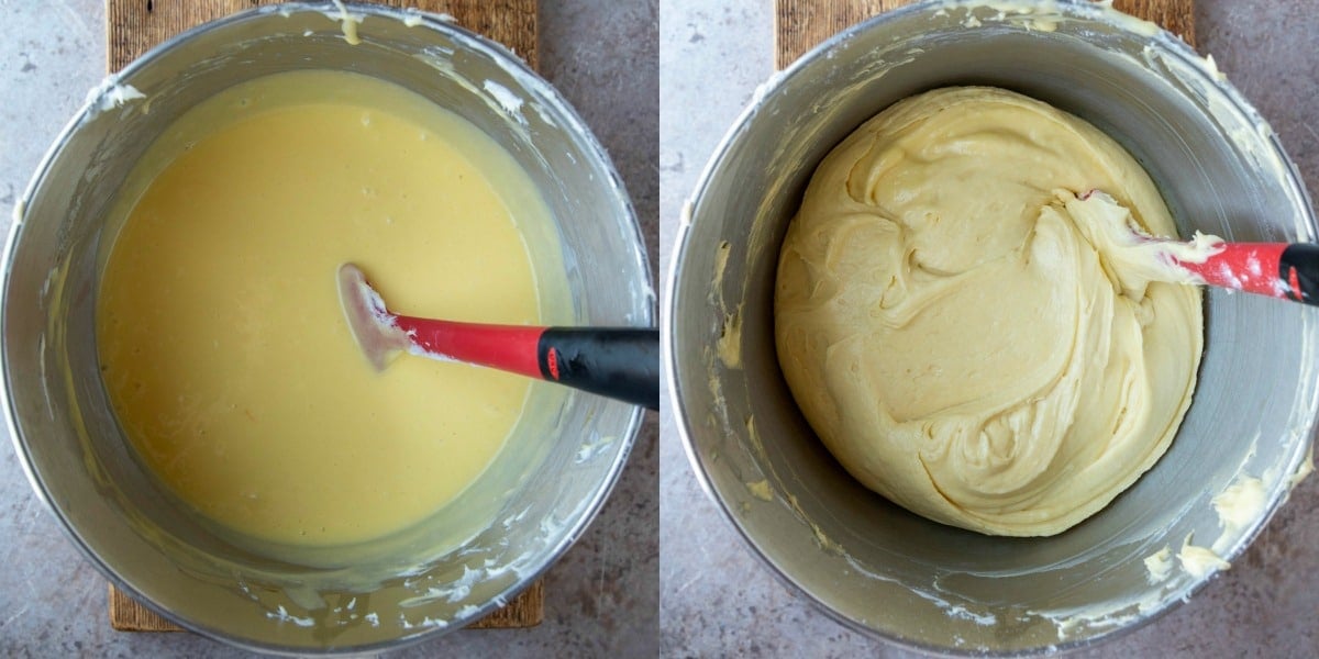 Cranberry orange pound cake batter in a silver mixing bowl