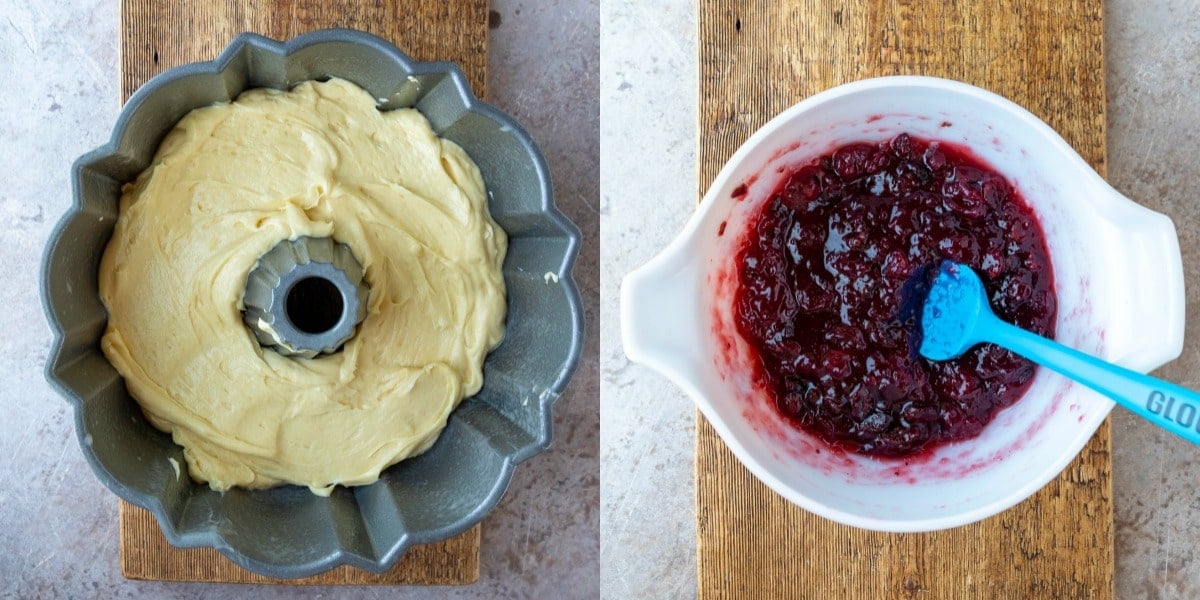 Cranberry filling in a white mixing bowl