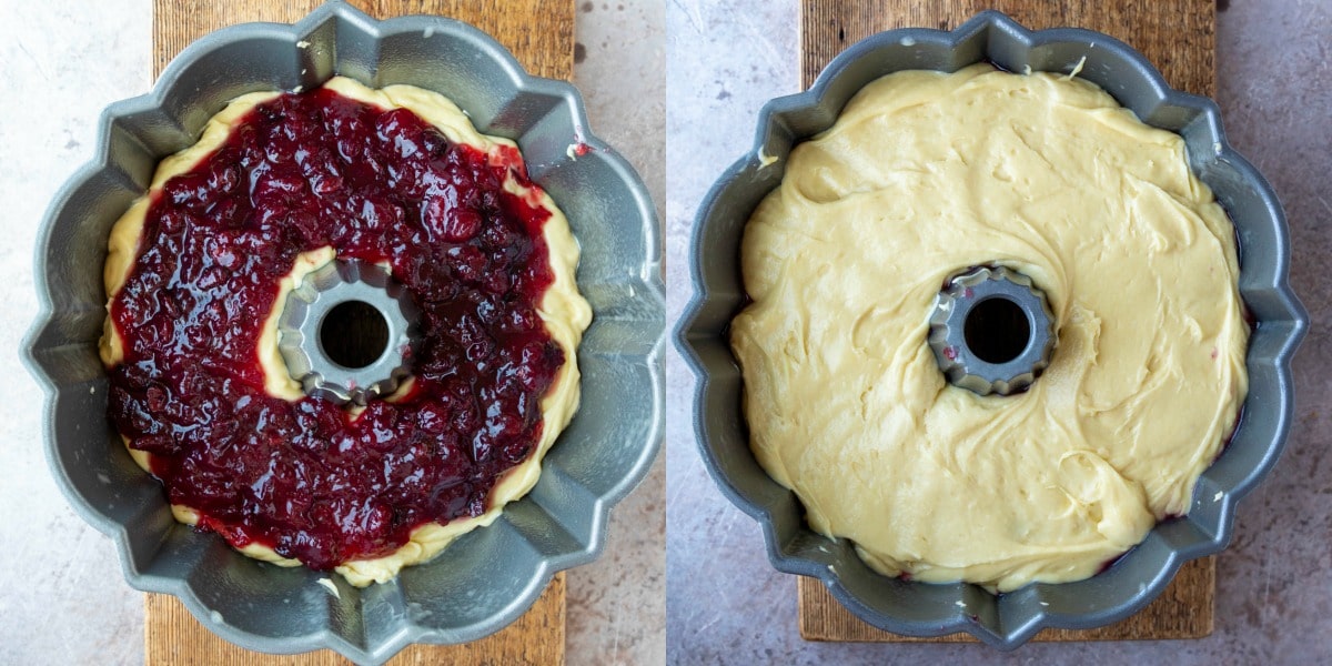 Plain cake batter topped with cranberry filling in a bundt pan