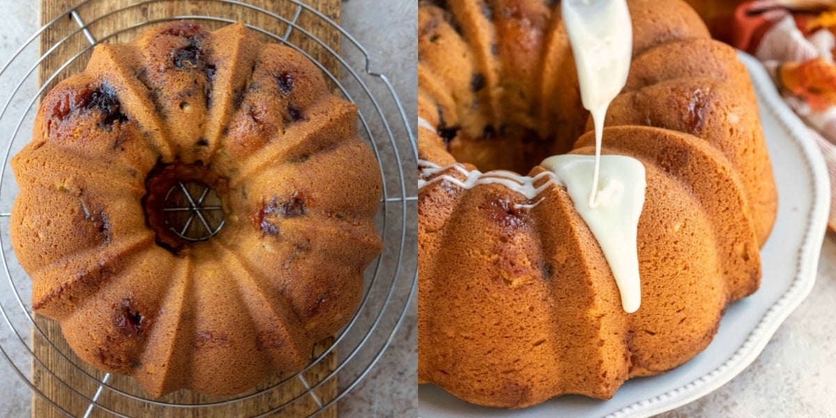 Fork drizzling orange glaze onto cranberry orange pound cake