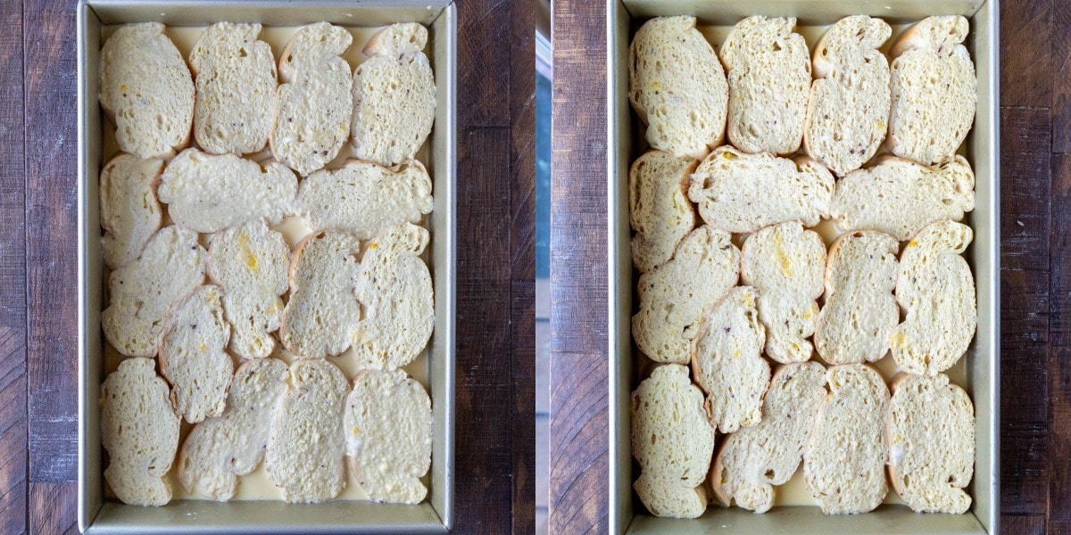 Pan with bread soaking in egg mixture