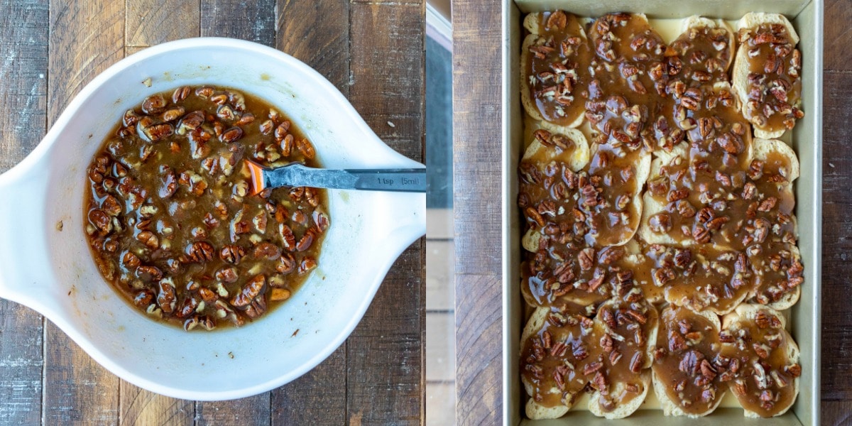 Unbaked french toast topped with praline topping