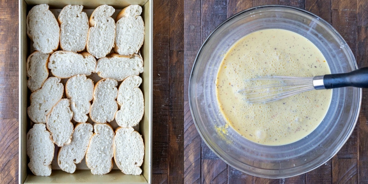 Pan with cut french bread for French toast