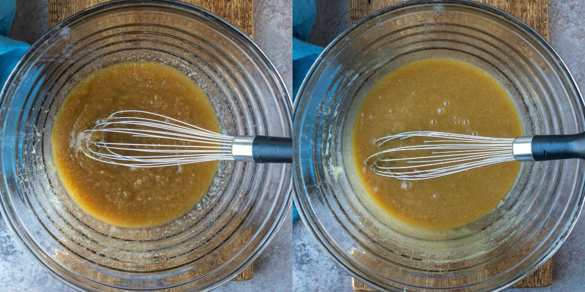 butter and sugar in a glass mixing bowl