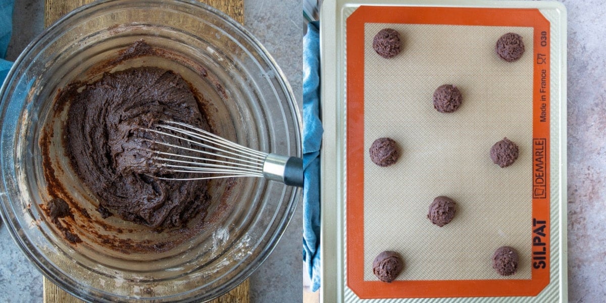 Chocolate cookie dough in a glass mixing bowl