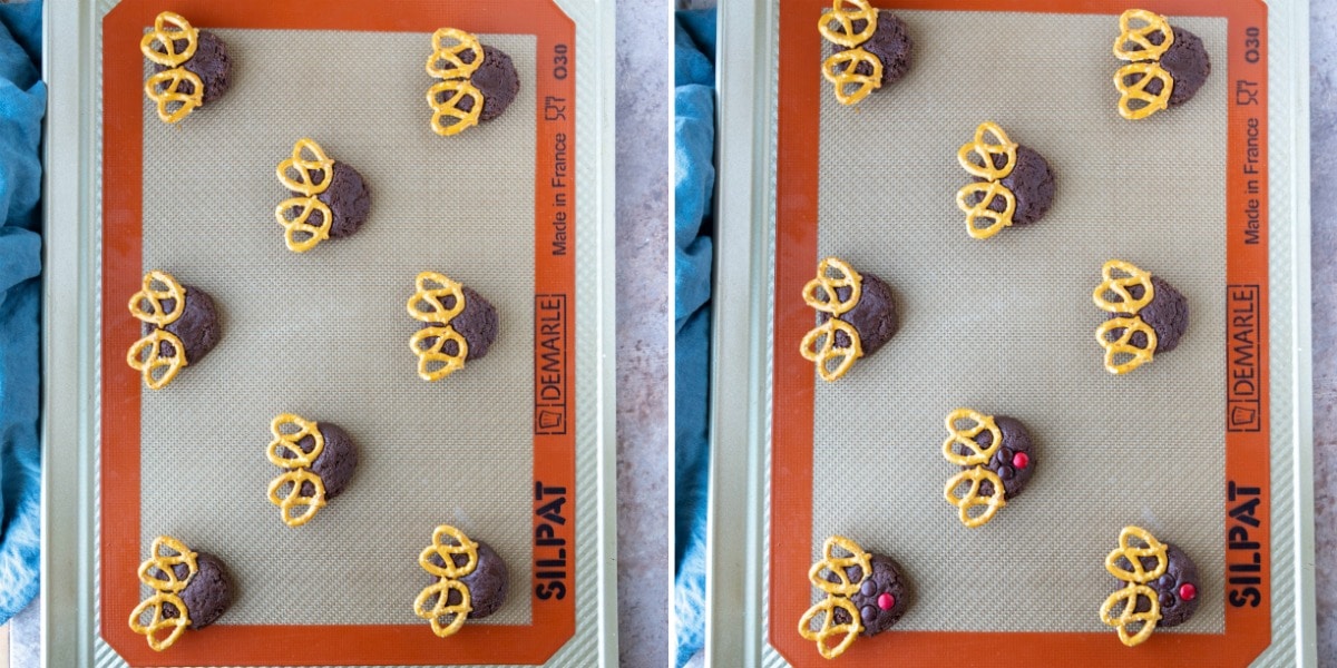 Unbaked reindeer cookies on a baking sheet