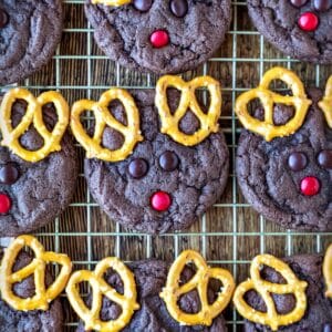 Reindeer cookies on a gold wire baking rack